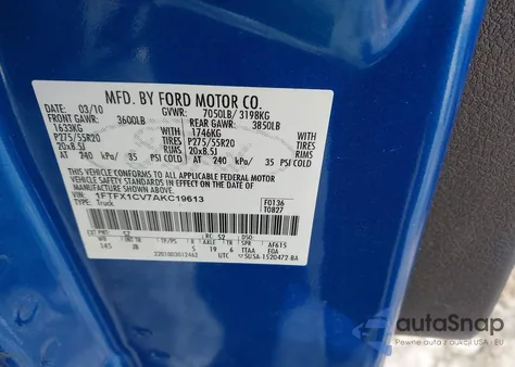 2010 Ford F-150 Fx2 Sport/Lariat/Xl/Xlt z USA, uszkodzony, nr VIN 1FTFX1CV7AKC19613